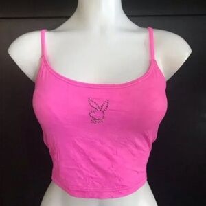 playboy pink studded logo crop tankini swim top